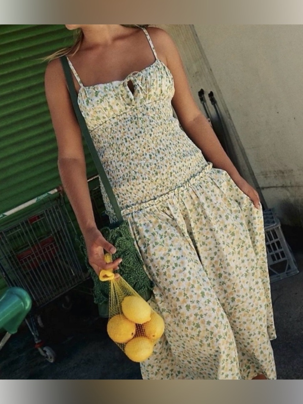 Free People Lavender Daze Midi Dress Green Yellow Floral Smocked Sleeveless M